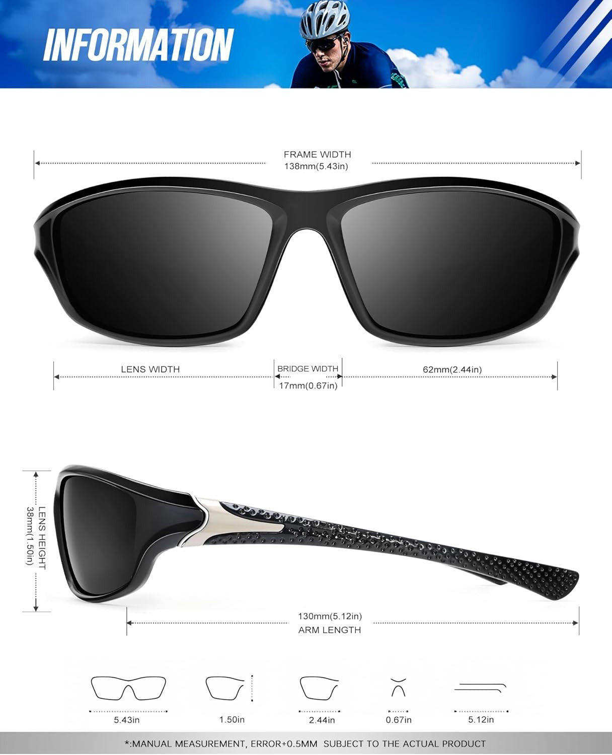 KALIYADI Polarized Sunglasses-Men Sports Medium, A02-Black/Ice Blue/Red