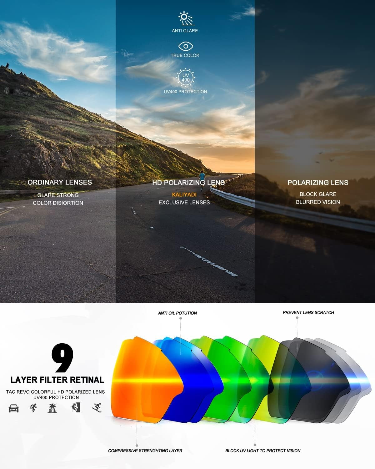 KALIYADI Polarized Sunglasses-Men Sports Medium, A02-Black/Ice Blue/Red